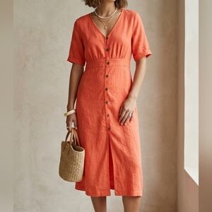Cream Button-Front V-Neck Midi Dress in Coral Orange Size M Bohemian